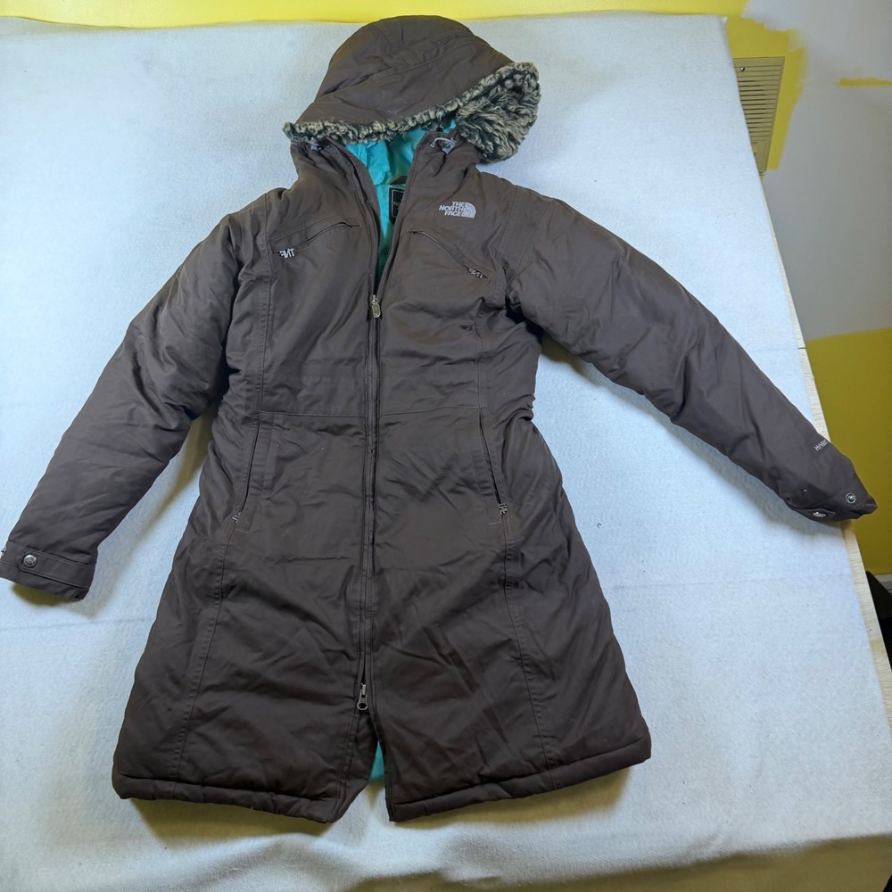 The North Face HyVent Brown Long Parka Jacket Teal Lining Faux Fur Hood Womens S - Picture 4 of 4